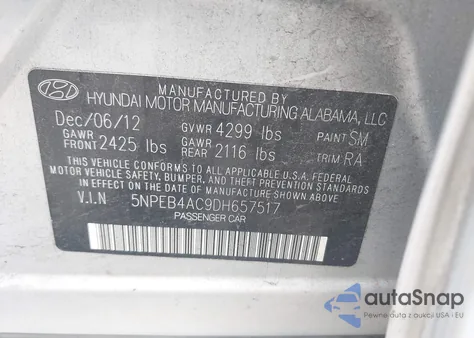 2013 Hyundai Sonata Gls z USA, uszkodzony, nr VIN 5NPEB4AC9DH657517